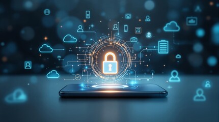 Cybersecurity concept with a glowing padlock and data icons on a smartphone in a futuristic digital environment.