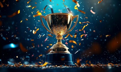 Golden trophy blue pedestal is center surrounded by Gold first place winners