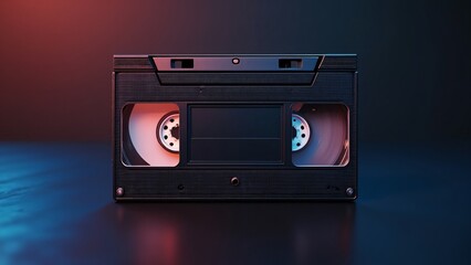 Obraz premium Nostalgic VHS Tape Silhouette, 90s Retro-Futuristic Cassette on Matte Black Background with Indigo Blue Gradient