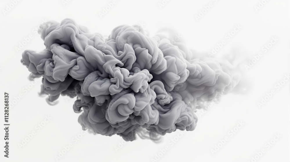 Poster abstract gray smoke-like cloud formation with intricate swirling patterns on a clean white backgroun