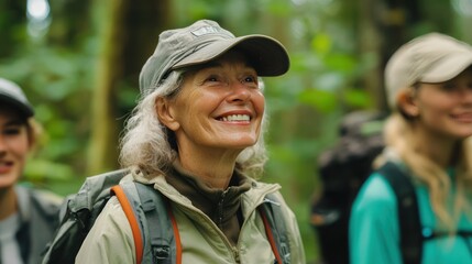 Elderly volunteers and a woman environmentalist organize environmental conservation volunteering programs, inspiring happy young people to join in protecting local wildlife