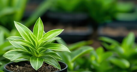 Fresh Green Plant in Black Pot with Blurred Green Background and Soil