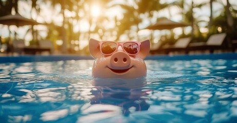 Piggy bank swimming pool is blue there on a summer holiday