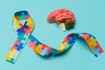 Human brain with Puzzle pattern ribbon. World Autism awareness and pride day.