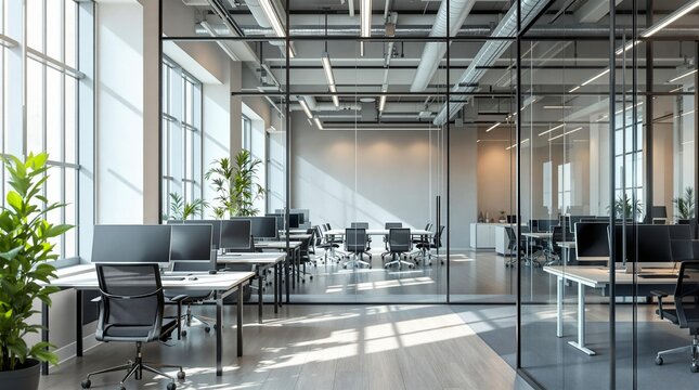 Modern open office space with glass partitions and natural light.