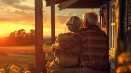 A photograph of an elderly couple sitting on a porch, watching the sunset over a scenic countryside