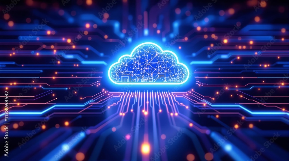 Poster Neon cloud computing concept with glowing circuits on dark background.