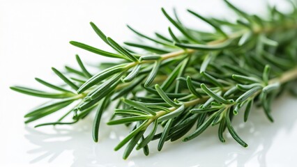 Fototapeta premium Vibrant Emerald Green Fresh Rosemary Sprigs, Close-up of Harvested Rosemary Herbs with Delicate Needle-like Leaves Against White Background