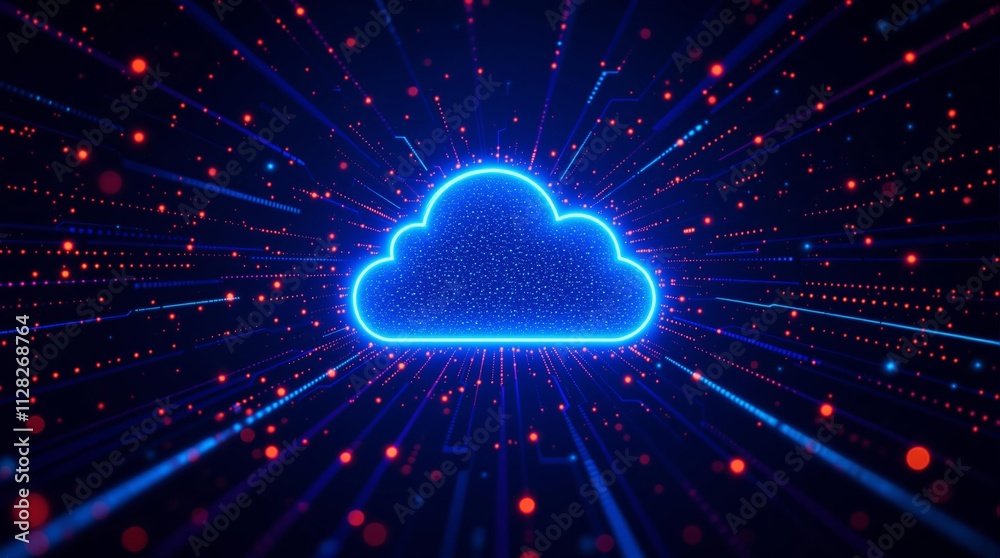Poster neon glowing cloud with futuristic technology elements on a dark background.