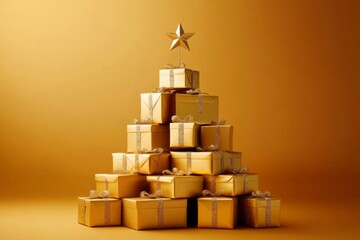 Pyramid-shaped Christmas tree made up multiple gift boxes A stack of golden wrapped