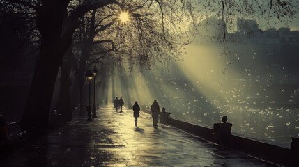 Fototapeta premium Mysterious misty forest with sunlight filtering through the trees