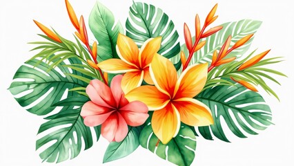 Fototapeta premium Vibrant Watercolor Tropical Floral Bouquet, Lush Spring Foliage with Citrus, Coral, and Yellow Blooms PNG