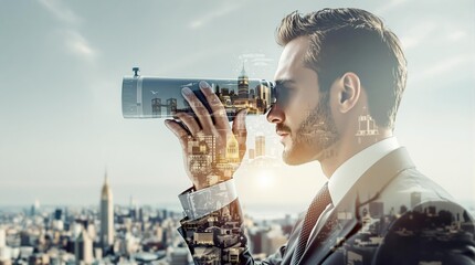 Businessman using a telescope with cityscape overlay, symbolizing vision and planning.