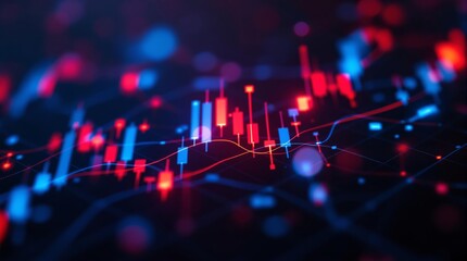 Abstract financial candlestick chart with glowing blue and red colors on a dark background.