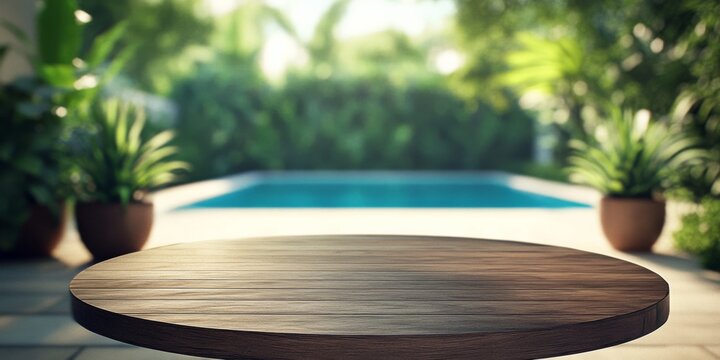 Round wooden table foreground beautiful view swimming pool Empty poolside surface with summer travel