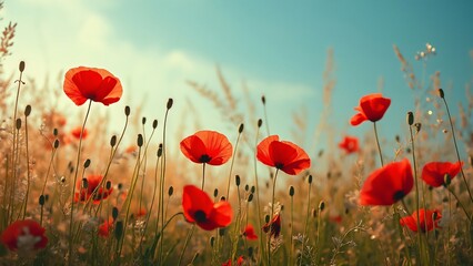 Obraz premium Vibrant Red Poppy Meadow, Dew-Kissed Petals, Autumnal Hues, and Star-Shaped Blooms in a Gentle Breeze