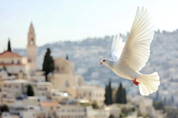 White dove flight over city is center image A peace flying against