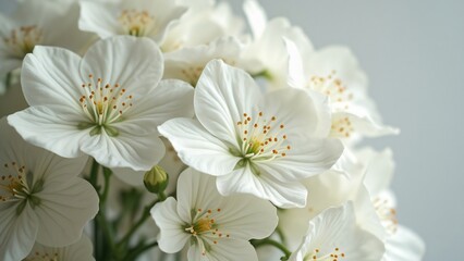 Delicate White Flower Bouquet, Close-up Photography of Pure White Blooms, Intricate Petals, and Stamens. Minimalist Background Emphasizing Serenity and Purity