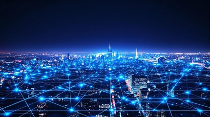 Fototapeta premium Cityscape illuminated with blue interconnected network lines at night.