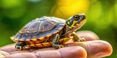 Obraz premium Macro photography reveals intricate shell patterns of a miniature yellow and brown turtle.