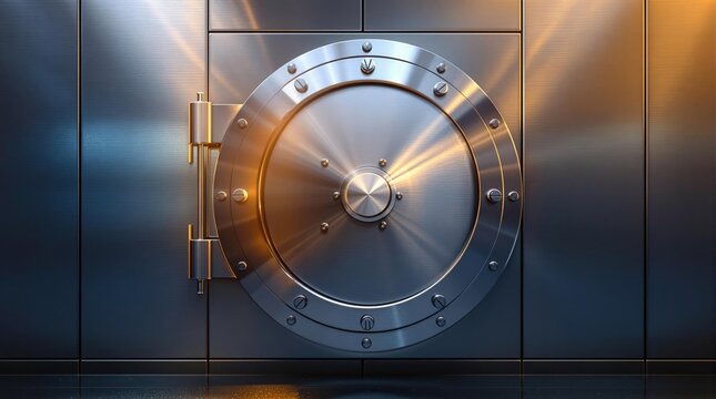 Steel vault door with metallic texture and light reflections.