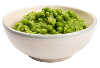 Mashed peas in a white bowl isolated with transparent background