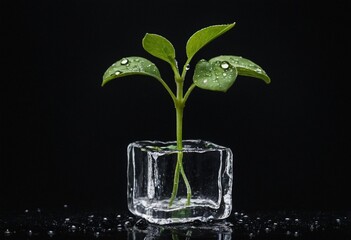 Green plant seedling, water droplets, black background, macro photography, high contrast, glistening moisture, new growth, dramatic lighting, bokeh effect, detailed leaf texture, sprouting, extreme cl