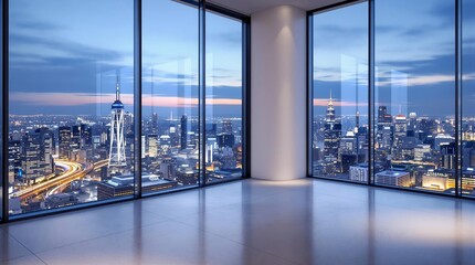 Fototapeta premium Modern interior with panoramic city view through large glass windows showcasing a vibrant urban skyline during twilight.