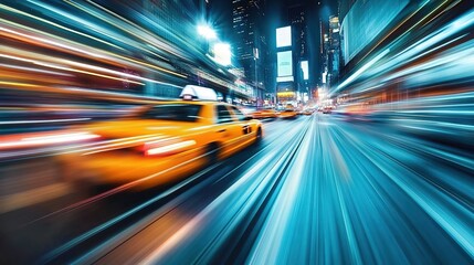 Fototapeta premium motion blur image of yellow taxi speeding through busy downtown street under bright city lights