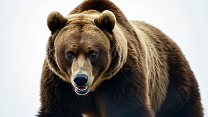 Fototapeta premium Intense Gaze of a Massive Brown Bear, Powerful Wildlife Portrait Against White Background