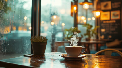 Rainy Day Cafe Coffee Steam, Window Rain, Cozy Ambiance. Generative Ai.