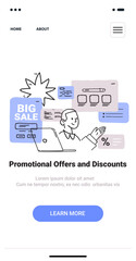 Big Sale promotional concept with person analyzing offers on laptop surrounded by discount icons and charts in minimalist hand drawn style. Mobile app screen