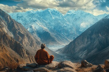 Fototapeta premium A person sits on rocks, meditating while gazing at vast, snow-covered mountains under a partly cloudy sky.