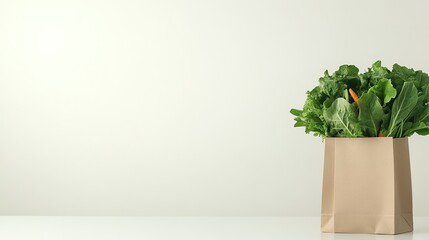 Fototapeta premium paper bag filled with fresh leafy greens and carrots placed on seamless white surface