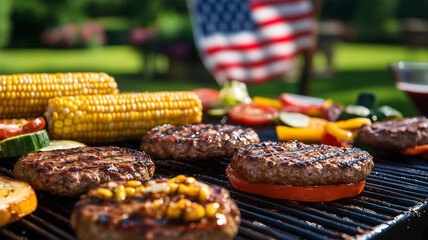 A family gathered around a backyard barbecue, enjoying traditional Memorial Day food like burgers and corn on the cob, with an American flag displayed. Ai generated