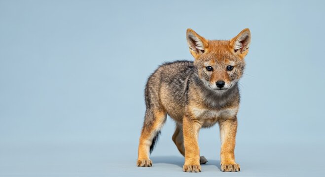 Cute baby coyote portrait with light blue background for wildlife education and animal conservation - Powered by Adobe