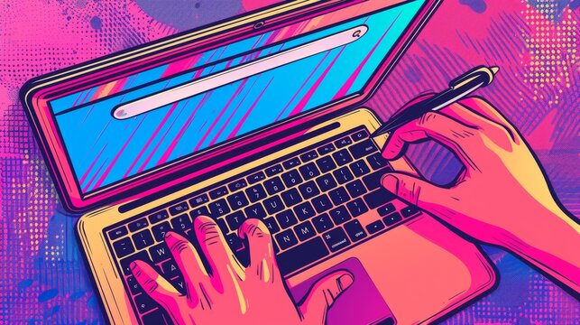 Vibrant Digital Art of Hands Typing on a Laptop with a Stylus,  Modern Pop Art Style Illustration