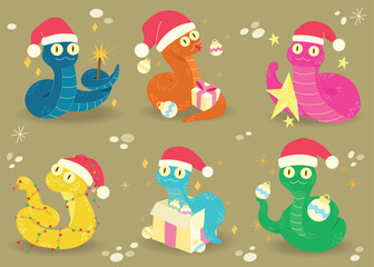 Colorful illustrations of festive snakes celebrating Chinese new year in a playful environment