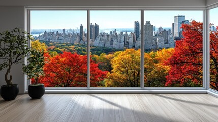 Autumn view from a modern apartment overlooking vibrant city skyline