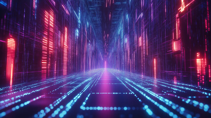 Neon Digital Cityscape Futuristic Data Highway, Glowing Lines, Virtual Reality. Generative Ai.