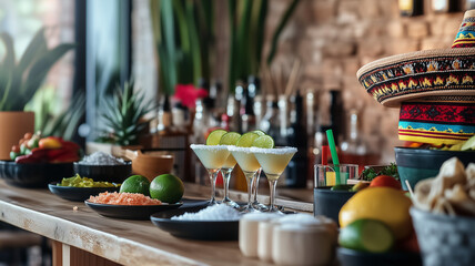 Fototapeta premium A festive bar counter set up for Cinco de Mayo, featuring tequila shots, lime wedges, salt, and a sombrero as a centerpiece. Ai generated