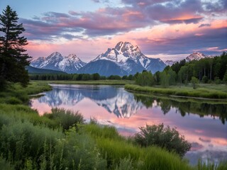 Discover the Magic of Alpine Beauty: Mountains and Lakes, Tranquil Mountain View with Vibrant Sunset Hues, The Perfect Escape: Serene Mountain Reflections.