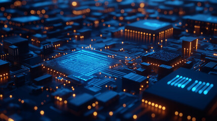 Futuristic Circuit Board Blue Glowing Microchip Technology Data. Generative Ai.