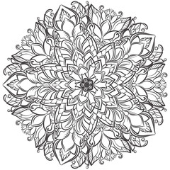 Complex Floral Mandala with Layered Petal Design in Black and White Line Art