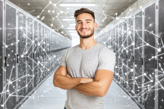 Young man in modern data center, symbolizing technology and networking advancements with digital connections overlay.