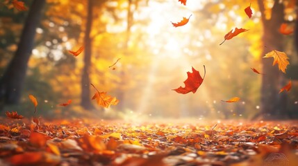 Falling autumn leaves in a sunlit forest path.