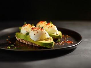 Poached eggs on avocado toast garnished with spices, served on a black plate.