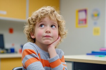 Fototapeta premium A young boy with curly hair ponders thoughtfully at a desk in a colorful classroom setting.