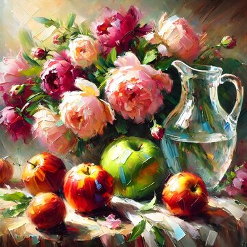 A vivid still-life composition featuring colorful peonies, fresh apples, a glass vase, and dramatic lighting, evoking timeless elegance.