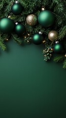Festive green and gold Christmas ornaments on evergreen branches, creating a classic and elegant holiday decoration theme.